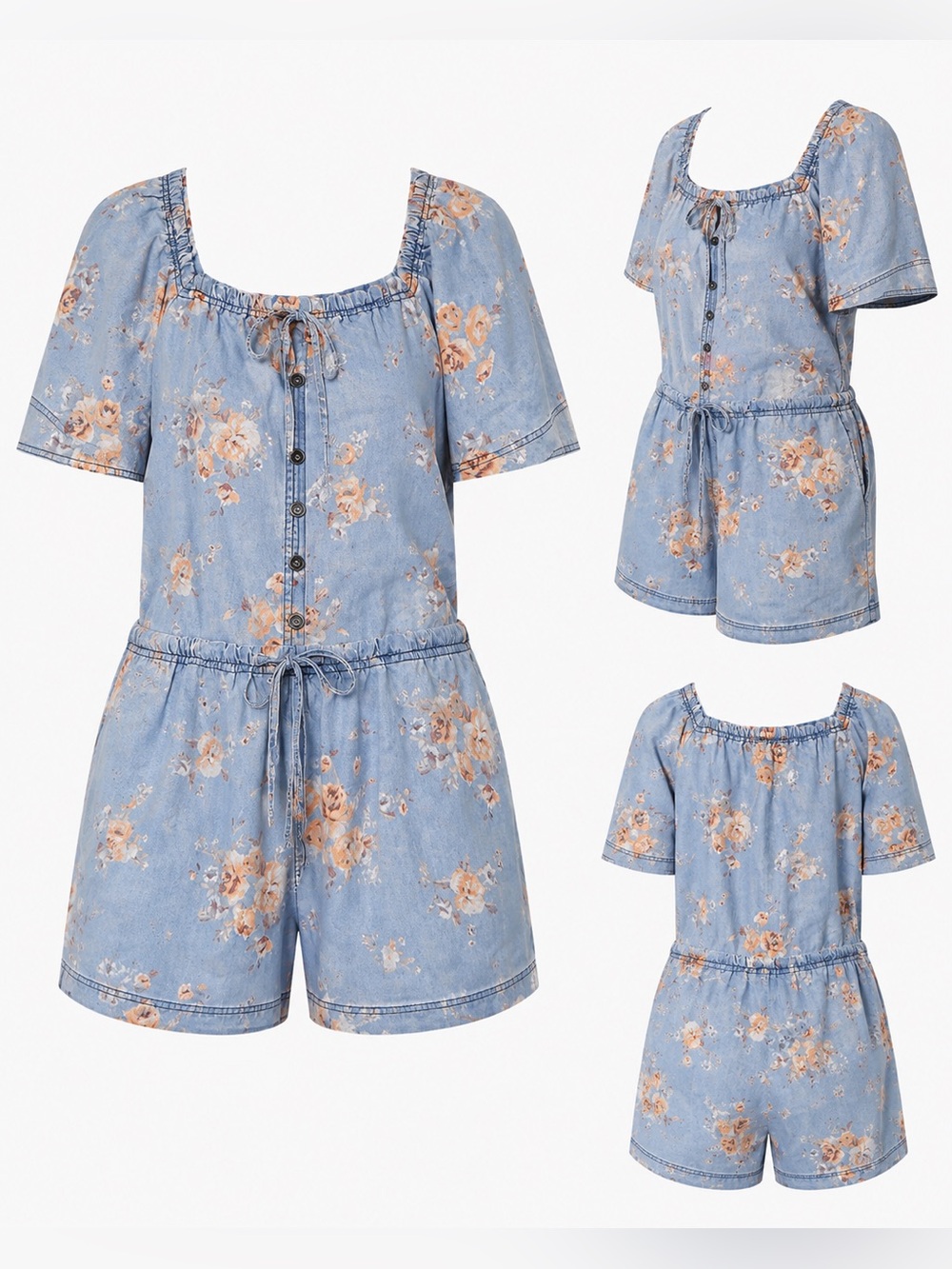 Easel Floral Denim Romper Blue Cottagecore Boho Button Front NWT Size Large